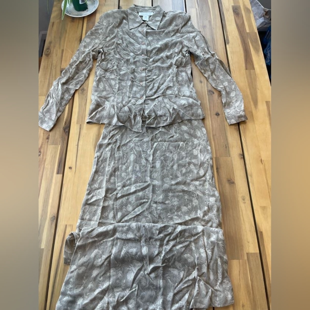 Jones New York Vintage 2 Piece Outfit Long Sleeve Maxi‎ Skirt Tan Cream Floral 8